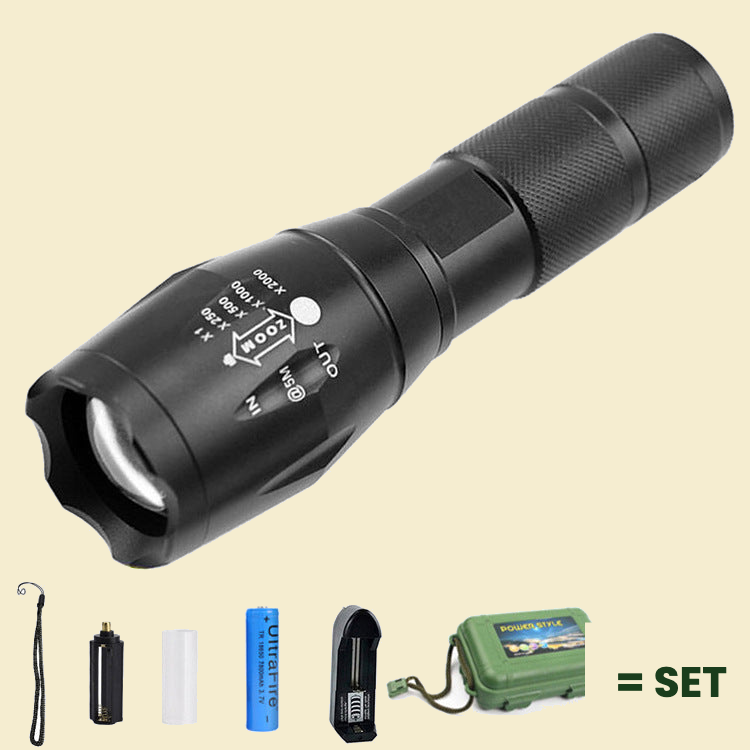 Rechargeable LED Flashlight with Zoom - full accessory set